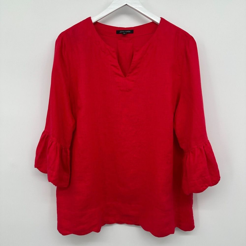 John Mark Top Shirt Size Large 100% Linen 3/4 Bell Sleeve Lagenlook Tomato Girl